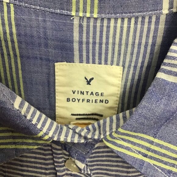AEO plaid blue Vintage boyfriend 100% cotton button down blouse Small CORNFLOWER - Picture 9 of 14